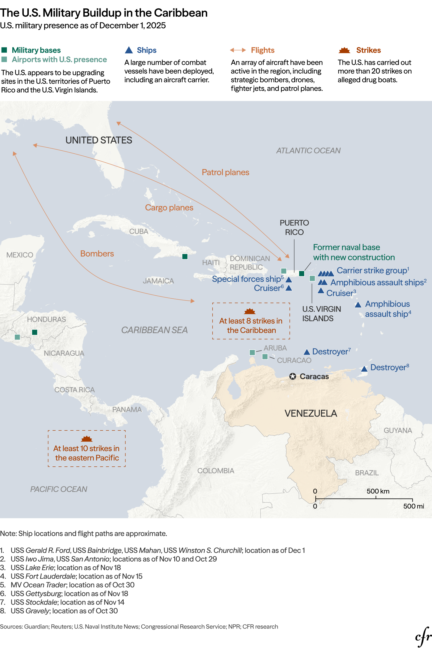 A map of U.S. military deployments in the Caribbean showing significant numbers of assets deployed near Venezuela as the Trump administration threatens escalated strikes.