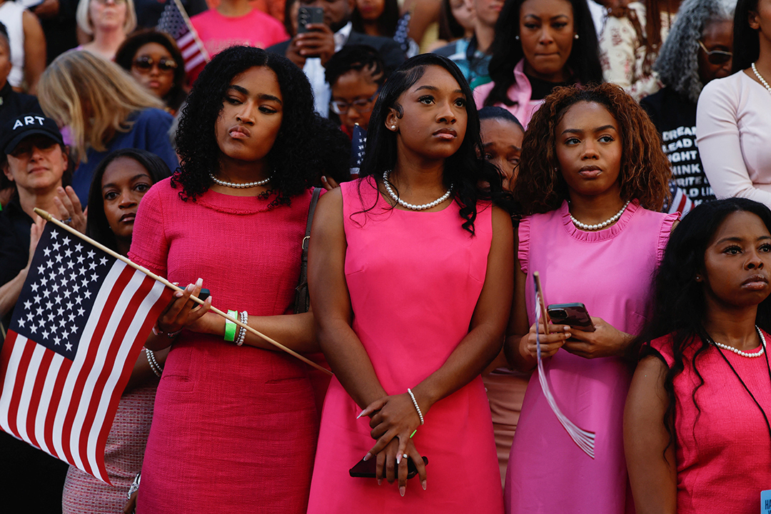 Supporters react as Democratic presidential nominee U.S. Vice President Kamala Harris delivers remarks, conceding the 2024 U.S. presidential election to President-elect Donald Trump, at Howard University in Washington, U.S.