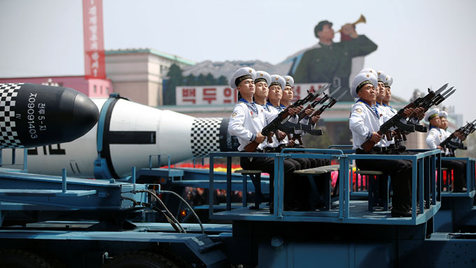 Military vehicles display missiles during a parade to commemorate the 105th anniversary of country’s founding father Kim Il-sung, Pyongyang, April 15, 2017.