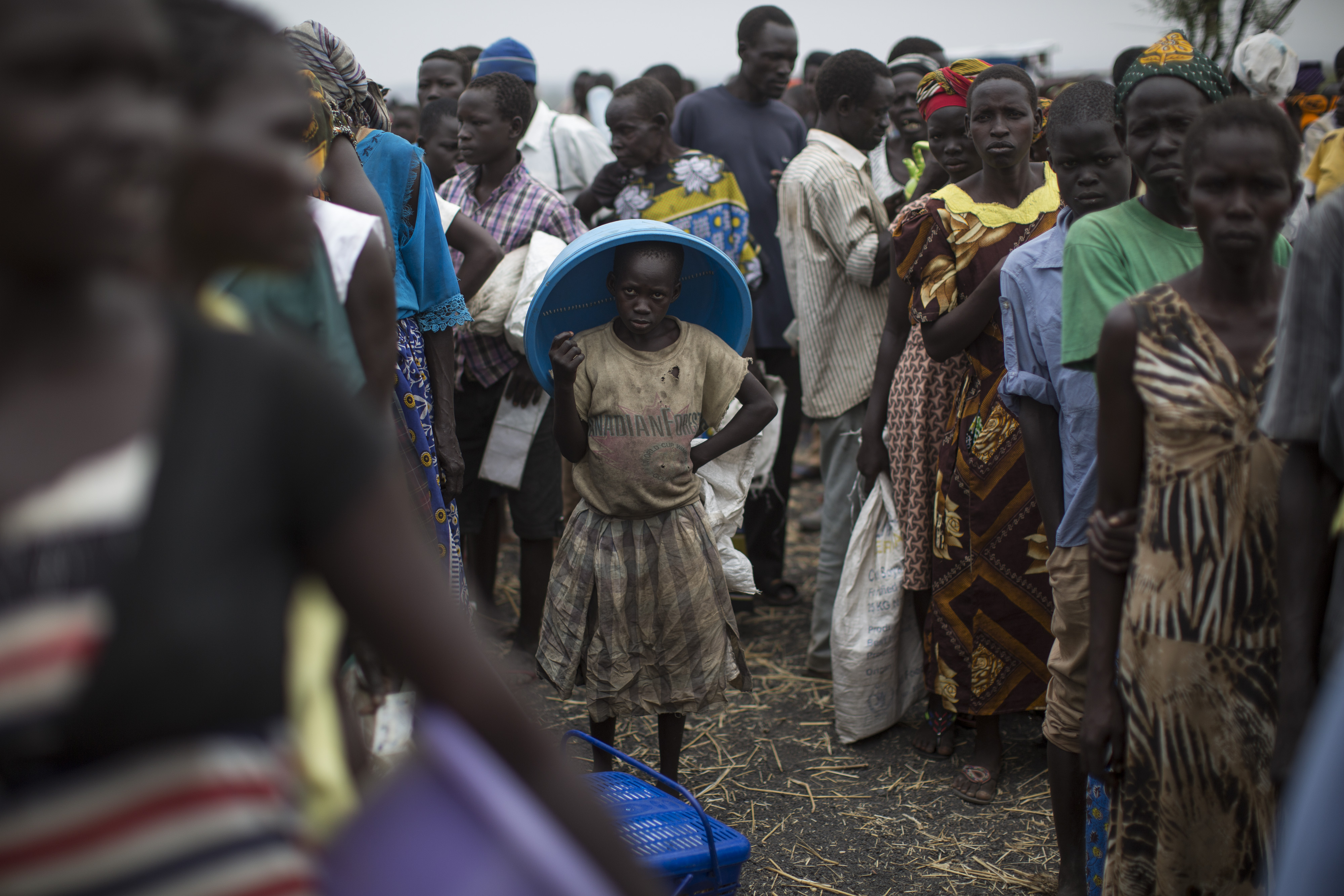 South Sudanese refugees at a food distribution site in Palorinya, Uganda.