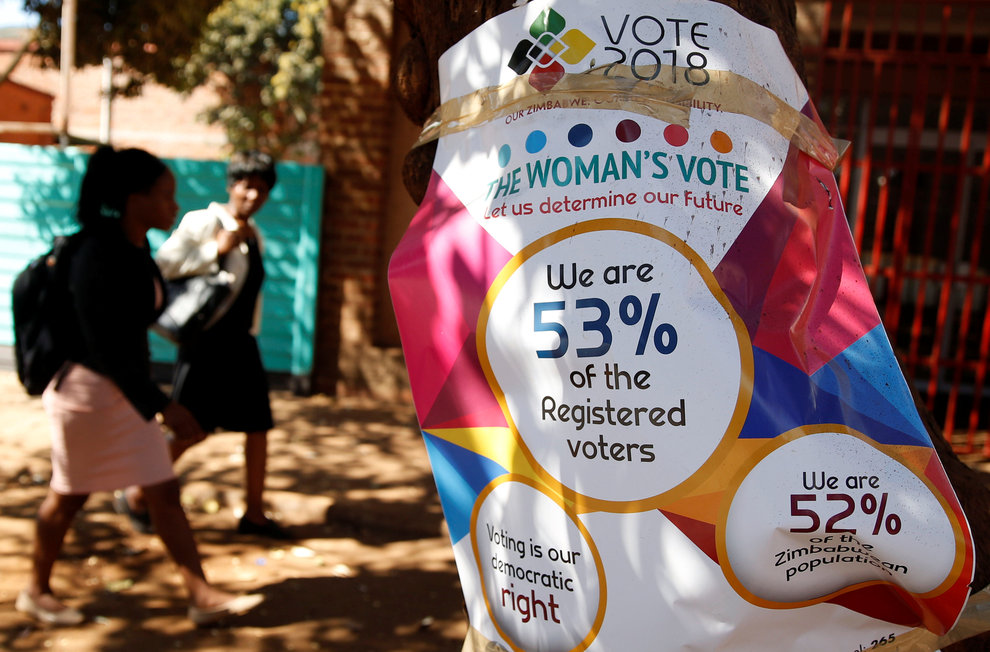 Women walk past Zimbabwe Electoral Commission (ZEC) posters in Harare, Zimbabwe, July 26, 2018. 