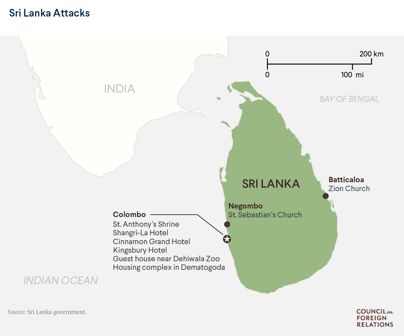 A map showing the locations of Sri Lanka bombings in April 2019. 