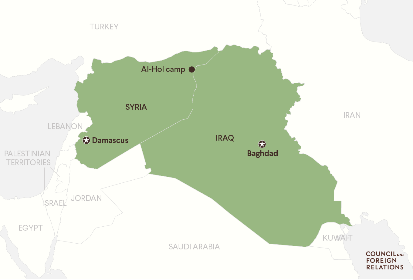 Map showing Iraq, Syria, and the al-Hol camp