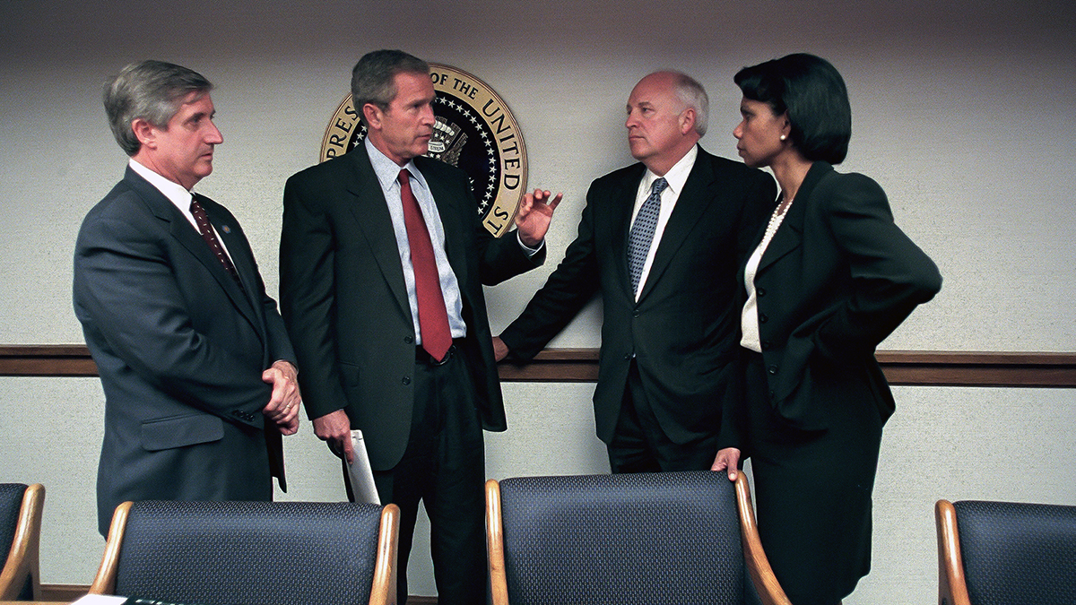 President George W. Bush meets with Vice President Dick Cheney and senior staff in the President's Emergency Operations Center after the 9/11 attacks. 