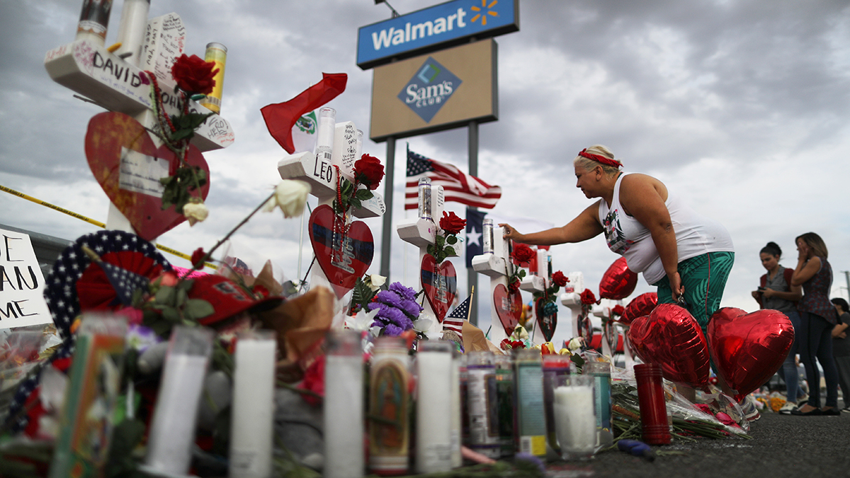 A makeshift memorial near the scene of the mass shooting in El Paso, Texas. 