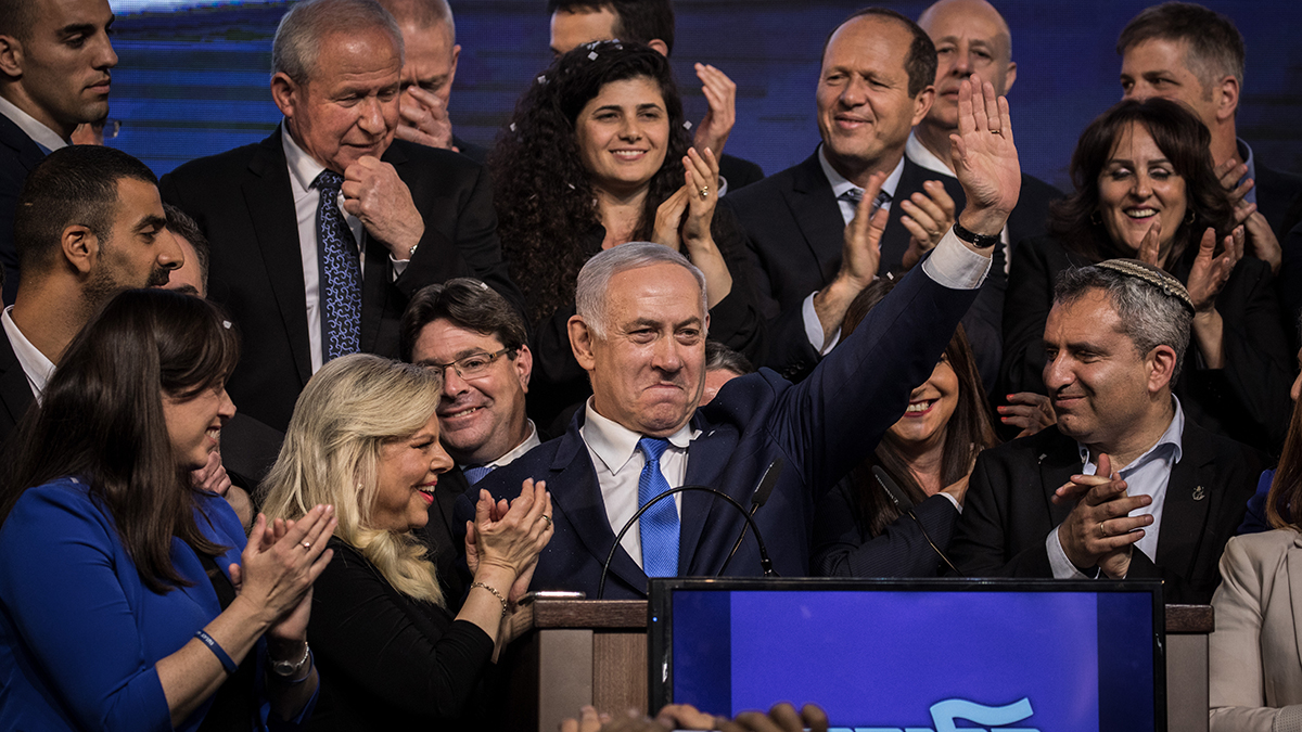 Israeli Prime Minister Benjamin Netanyahu delivers a speech to supporters after the country’s April 2019 parliamentary elections.