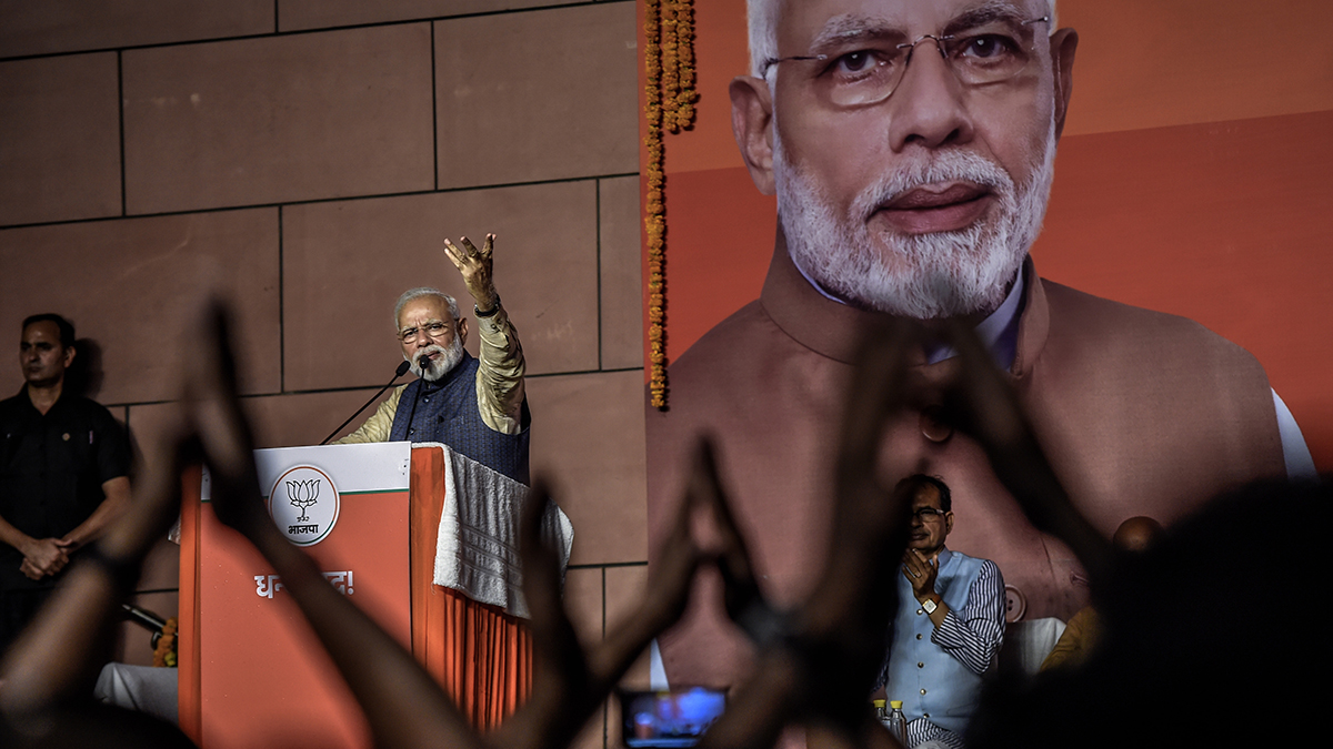 Narendra Modi speaks at the BJP party headquarters in New Delhi, India. 