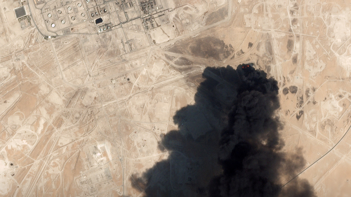 A satellite image shows an apparent drone strike on an Aramco oil facility in Abqaiq, Saudi Arabia.
