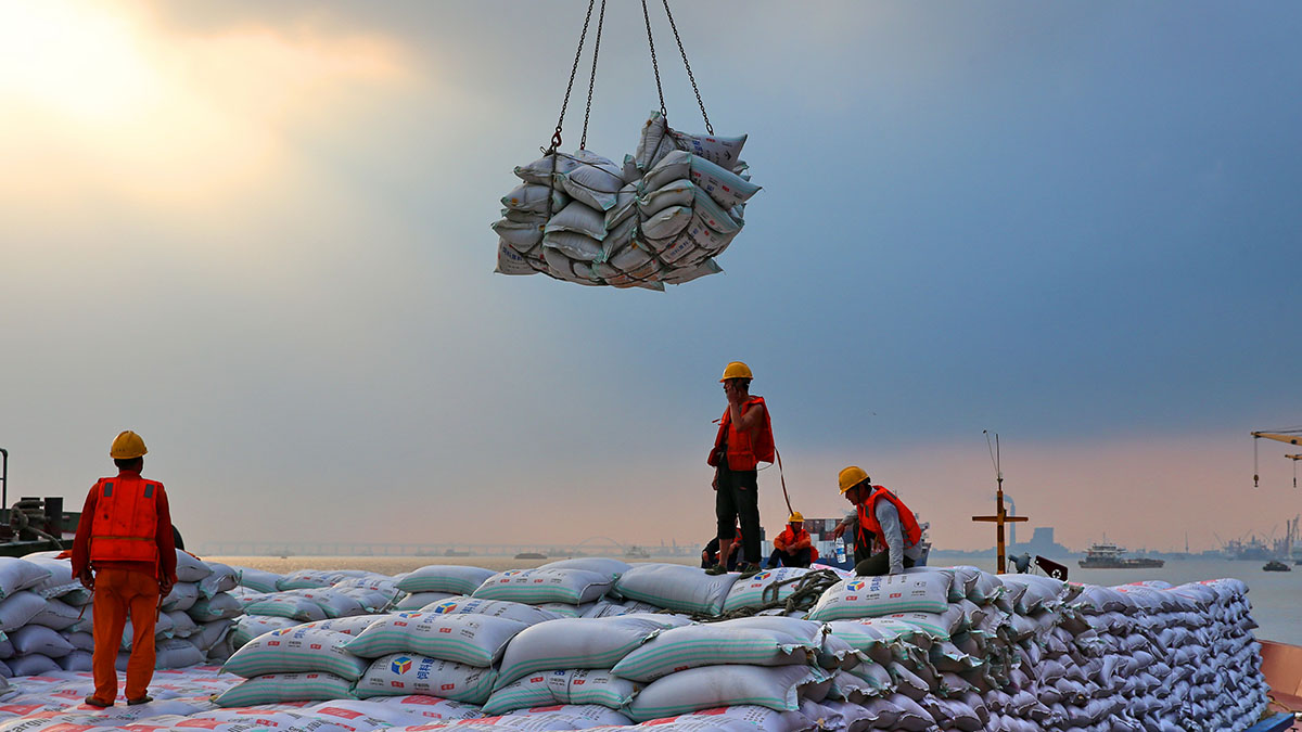 Workers transfer sacks of soybeans imported from Brazil at a Chinese port.