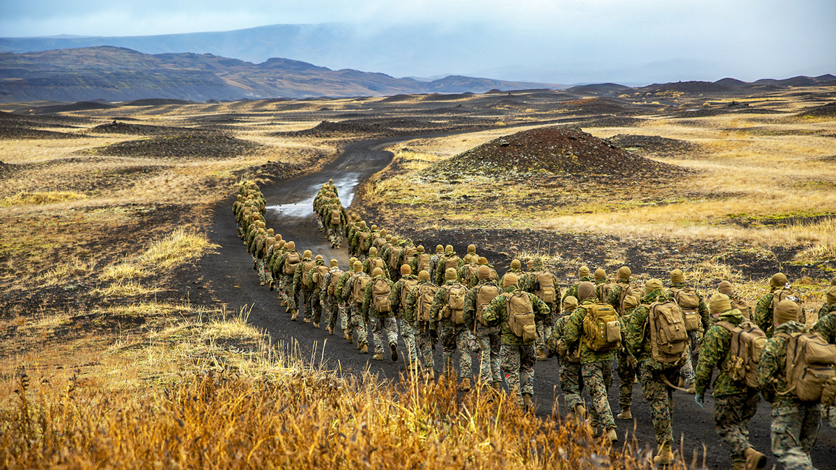 U.S. Marines hike to a cold-weather training site in Iceland, Oct. 19, 2018.