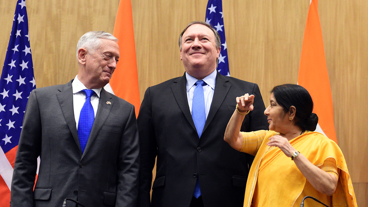 External Affairs Minister Sushma Swaraj speaks with Secretary of Defense Jim Mattis and Secretary of State Mike Pompeo during their meeting in New Delhi.