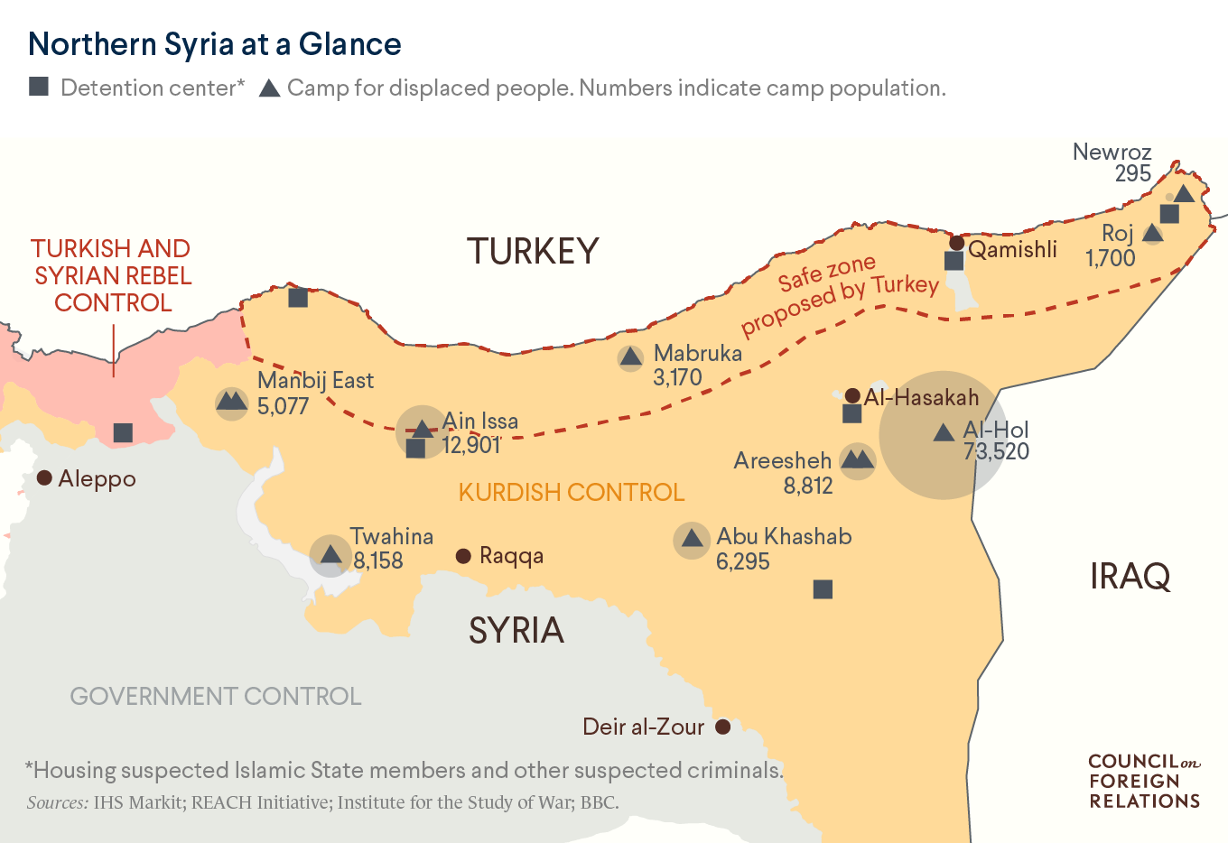 A map shows which areas are controlled by Turkish forces, Kurdish forces, and Syrian government forces in northern Syria.