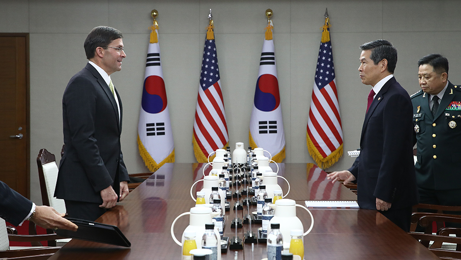 US Defense Secretary Mark Esper (L) attends a meeting with South Korean Defence Minister Jeong Kyeong-doo (R) in Seoul on November 15, 2019.