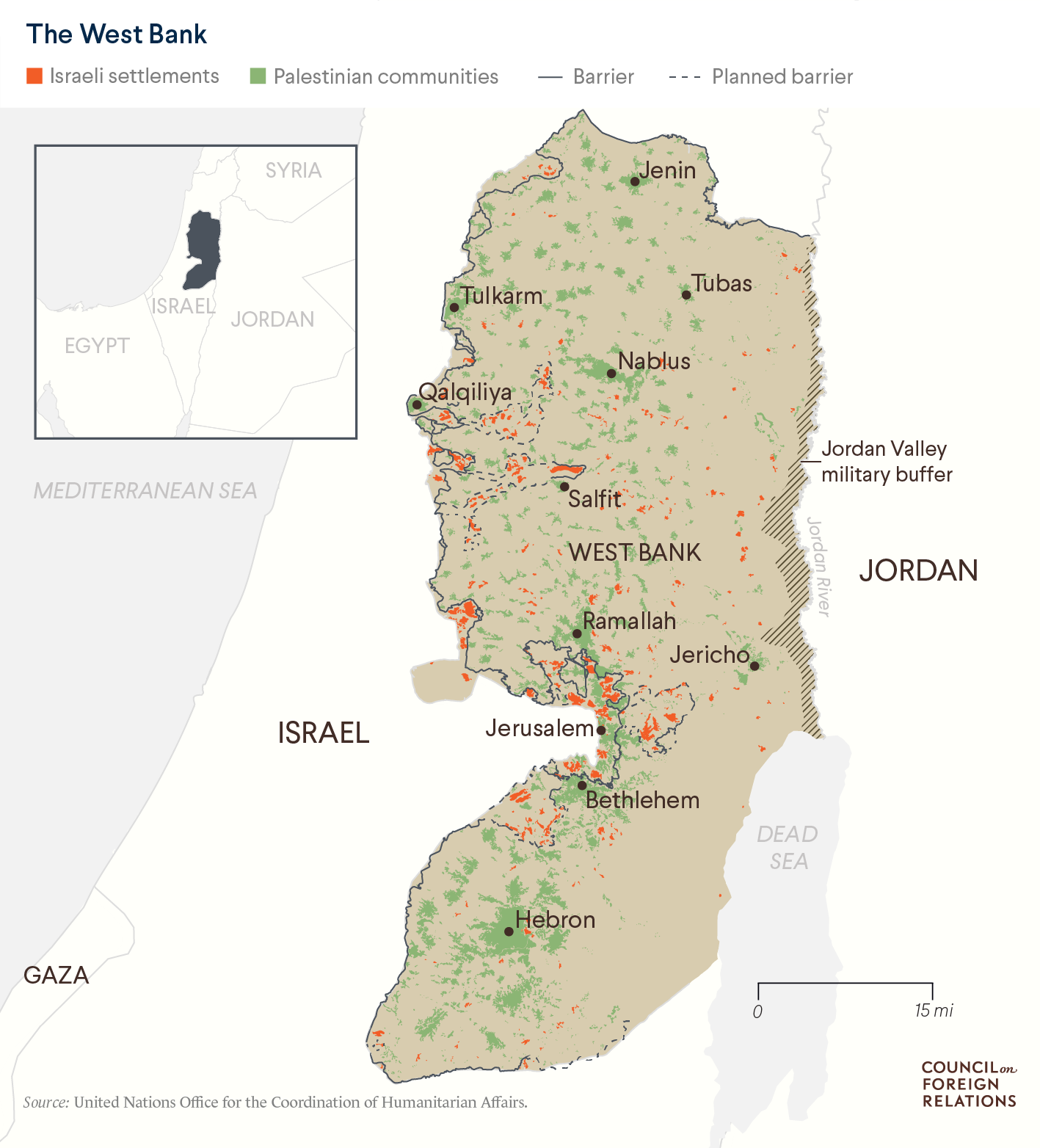 Map of West Bank, including Israeli settlements and Palestinian communities
