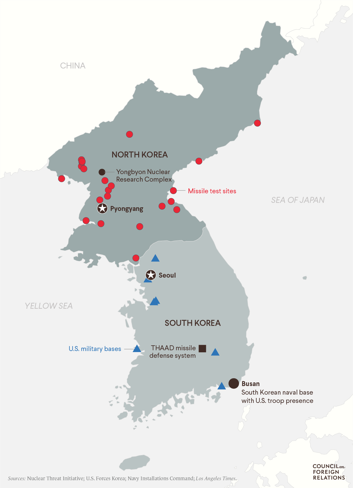 Map showing missile sites in North Korea and military bases in South Korea