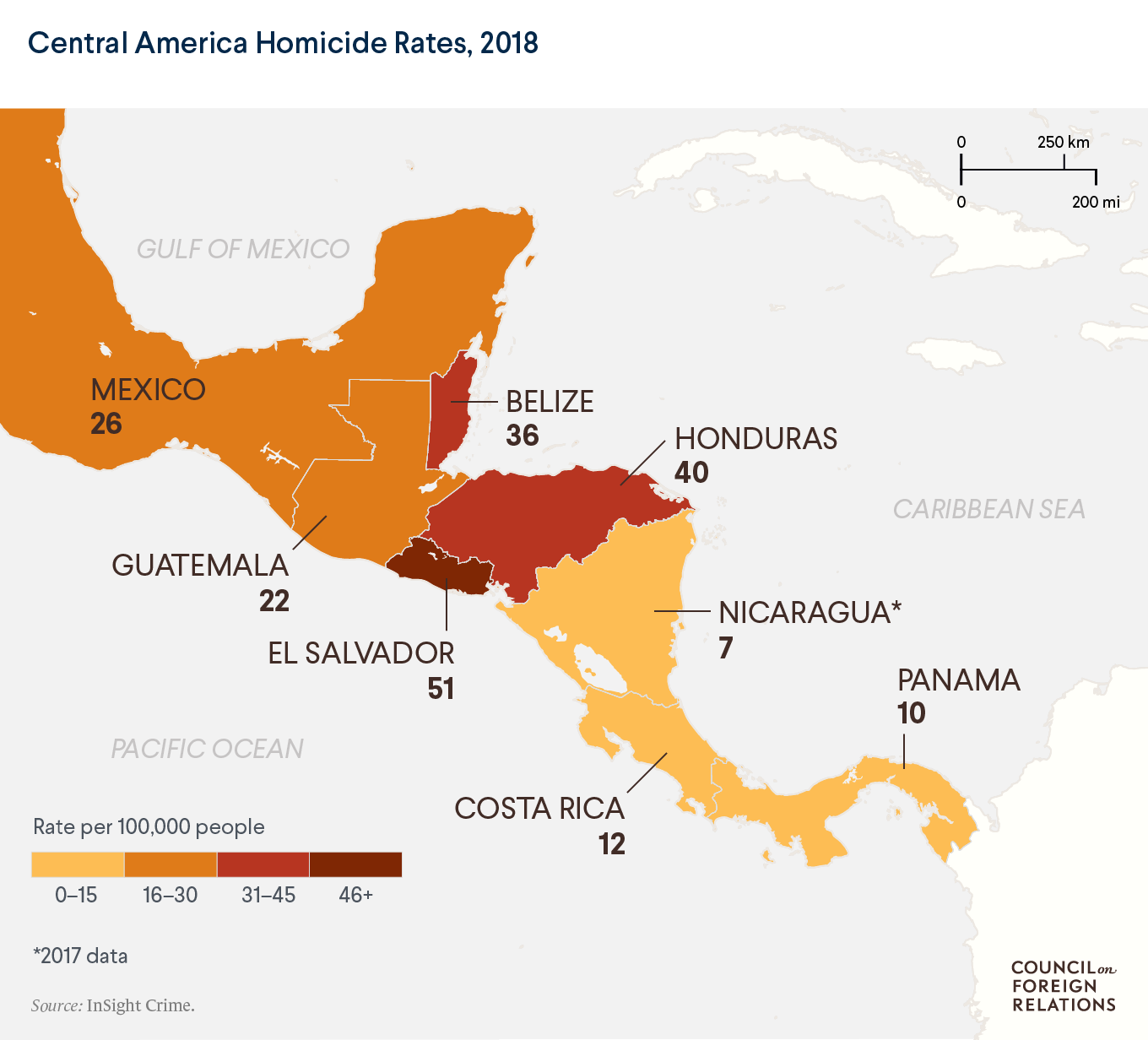 Map showing homicide rates across Central America
