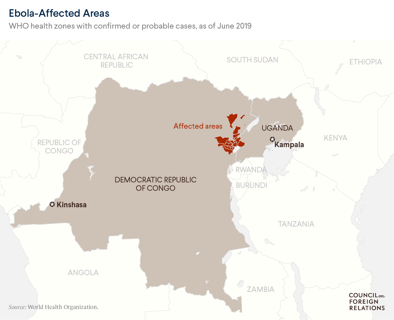 Map showing areas affected by Ebola outbreak in the Democratic Republic of Congo