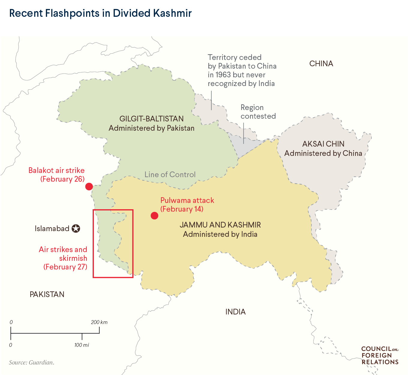 Map of recent flash points in divided Kashmir