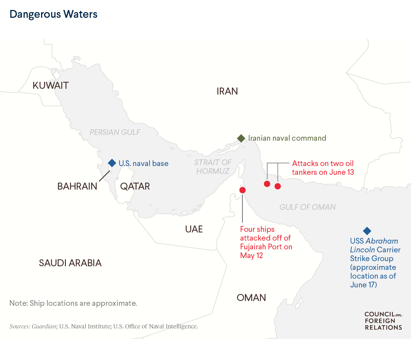 Map showing attacks on ships in Strait of Hormuz, Persian Gulf
