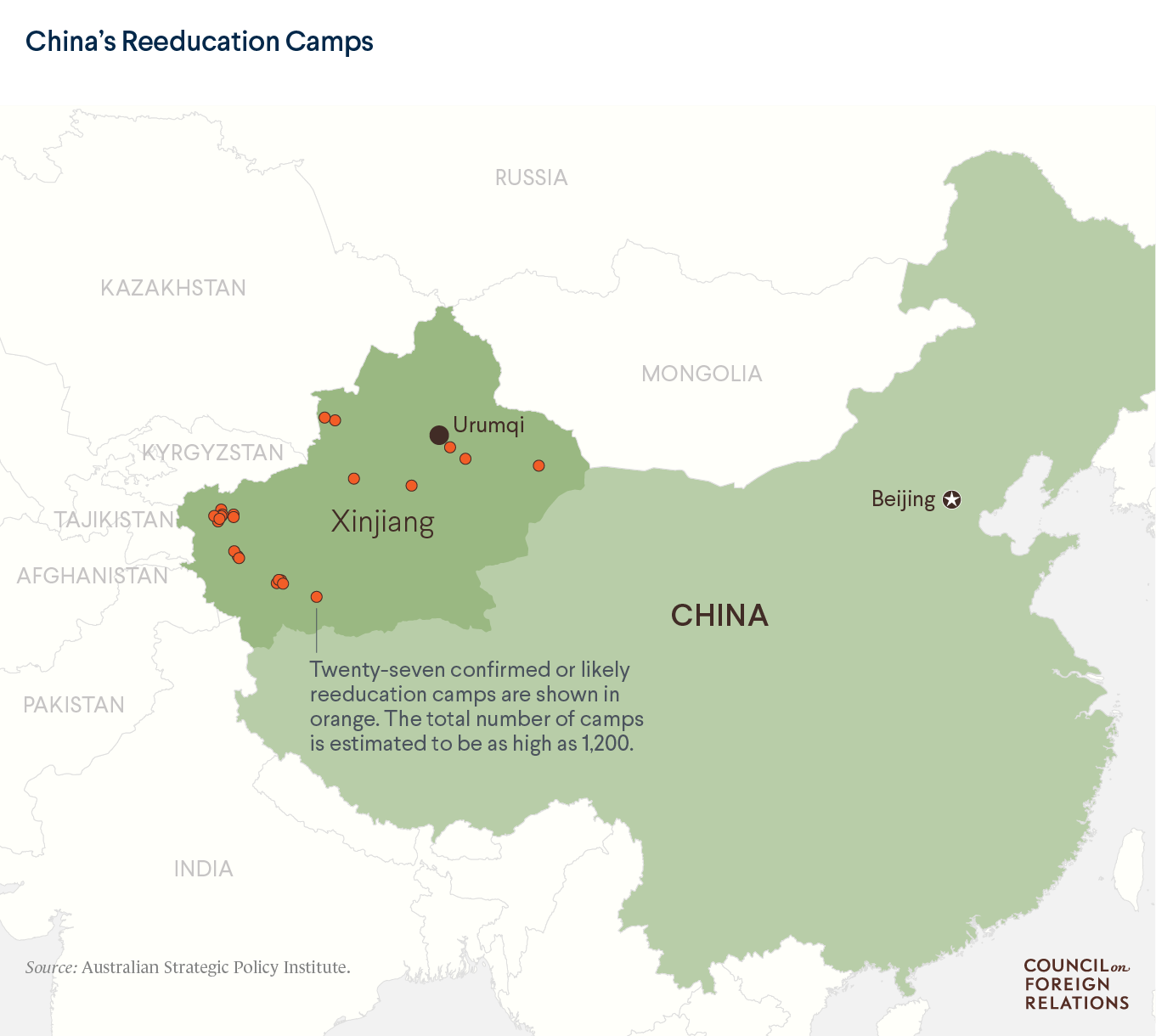 Map showing confirmed or likely reeducation camps in China's Xinjiang region