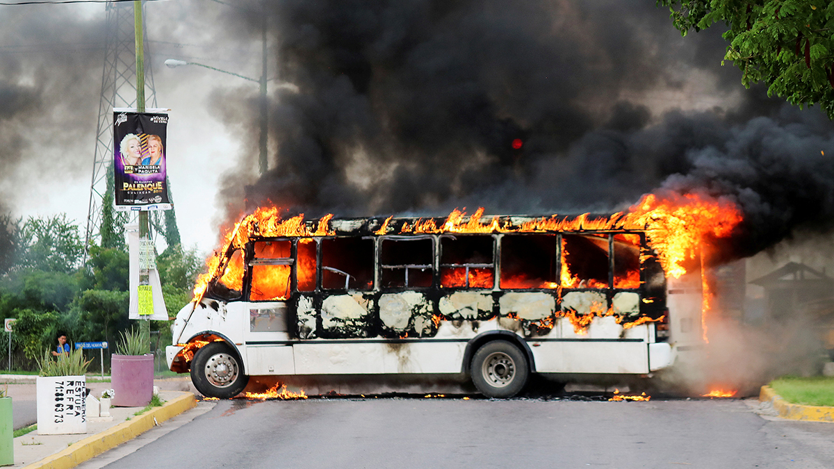 A bus on fire.
