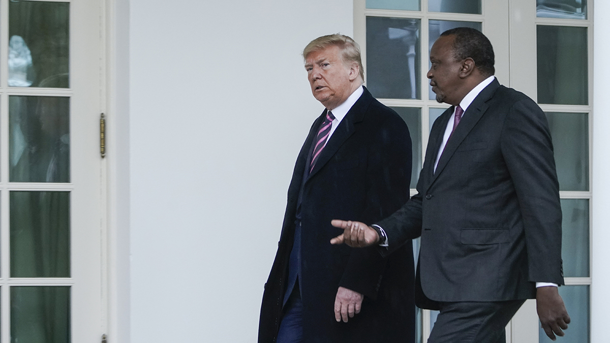  U.S. President Donald J. Trump walks with Kenyan President Uhuru Kenyatta on the White House colonnade on February 6, 2020.