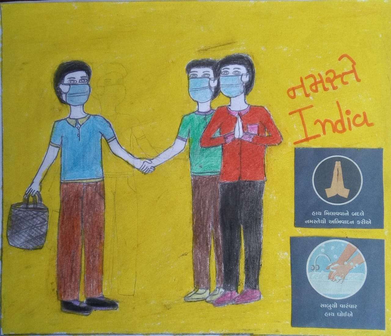 A child's drawing of a coronavirus public health poster, showing how to bow instead of shake hands