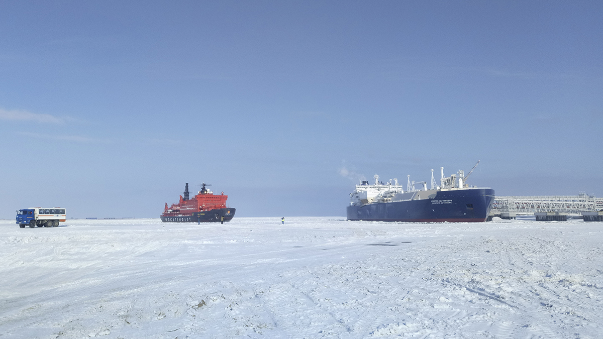 An ice-class tanker, the Christophe de Margerie, awaits its shipment of liquefied natural gas (LNG) at the Russian Arctic port of Sabetta.