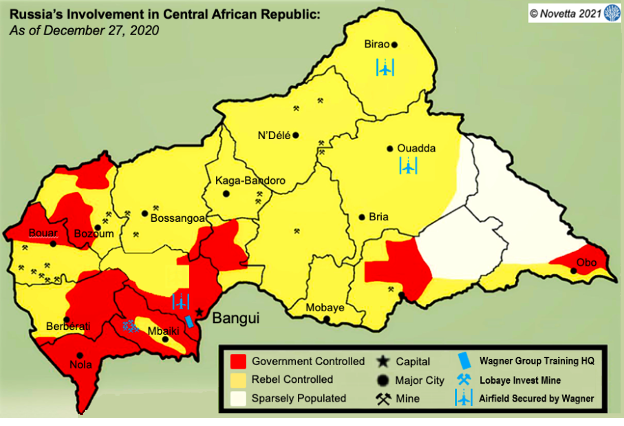 A map of the Central African Republic, with rebel-held and government-held areas delineated by color.