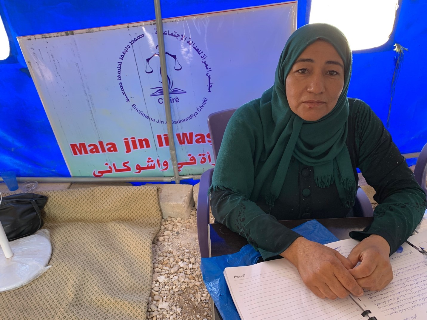 Unlike the Syrian regime, the Autonomous Administration of North and East Syria criminalizes domestic violence. Women’s Houses are known as a Mala Jin in Kurdish or Beit El Marra in Arabic and were opened in cities across northern Syria, including Ras al-Ayn. After fleeing from Ras al-Ayn because of Operation Peace Spring, Asiya Mohamad Habshio reestablished the shelter in a tent in the Washokani IDP Camp. Photo taken by the author in Syria, September 2020.