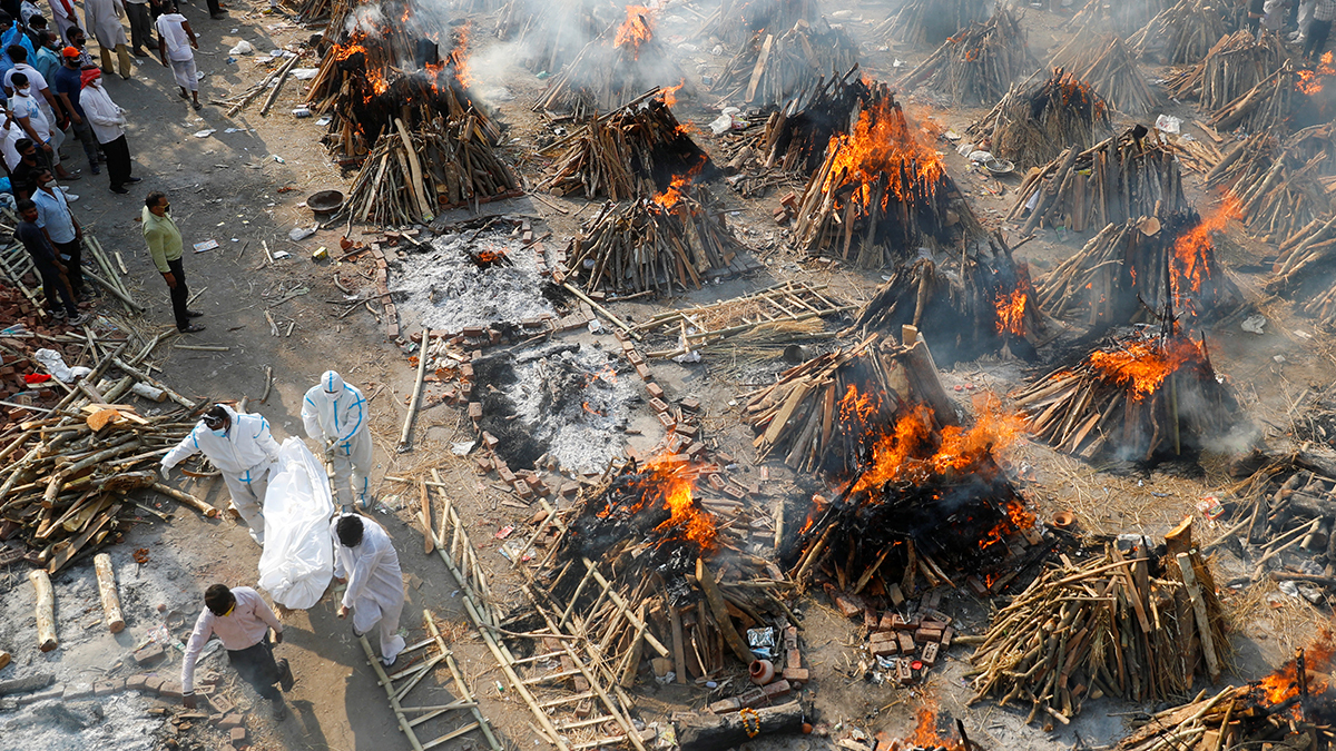 An aerial view of a mass cremation of COVID-19 victims at a crematorium in New Delhi, India, on April 26, 2021.