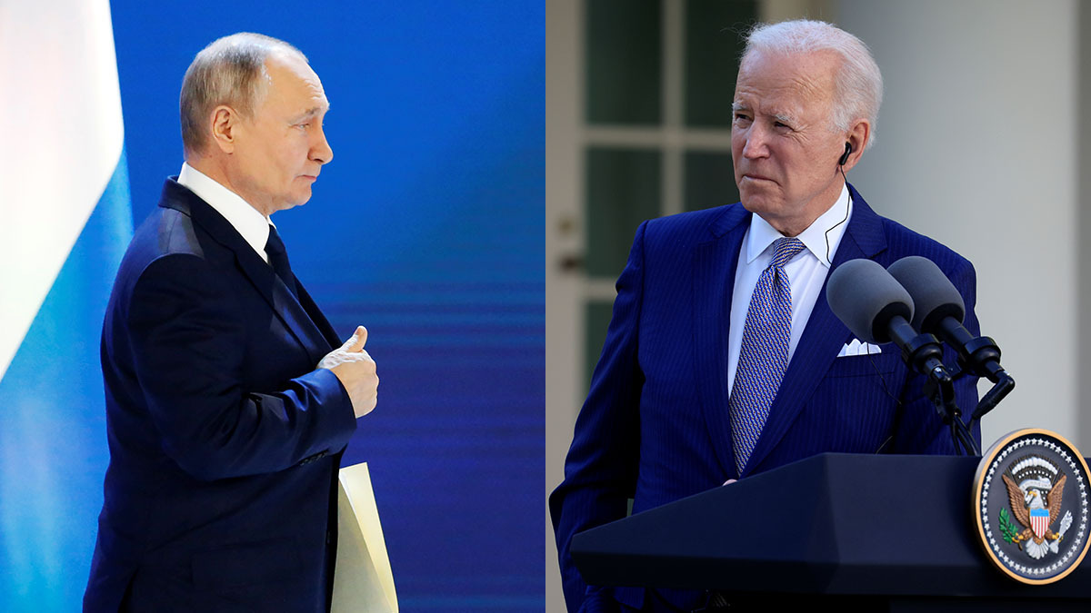 A splitscreen image of Russian President Vladimir Putin delivering his annual address to the Federal Assembly in Moscow in 2021 on the left, and U.S. President Joe Biden during a news conference at the White House in 2021. 