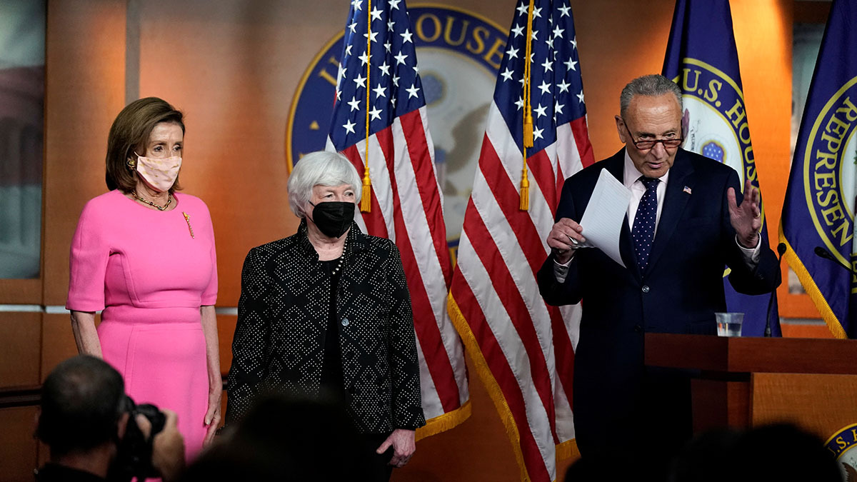 Senate Majority Leader Chuck Schumer makes a statement in attendance with Treasury Secretary Janet Yellen and U.S. House Speaker Nancy Pelosi (D-CA) before the start of a weekly news conference on Capitol Hill in Washington in September 2021.