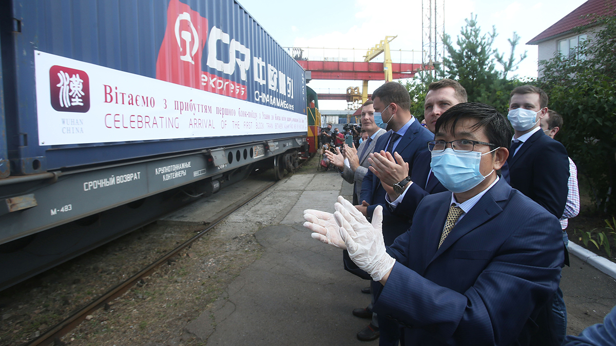 One of the first direct container trains from China to Ukraine is welcomed upon its arrival in the capital, Kyiv, in July 2020. 