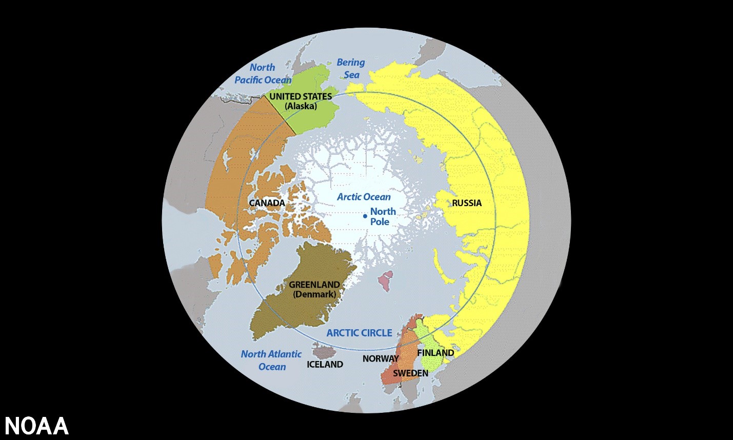 A map of the eight countries in the Arctic Circle.