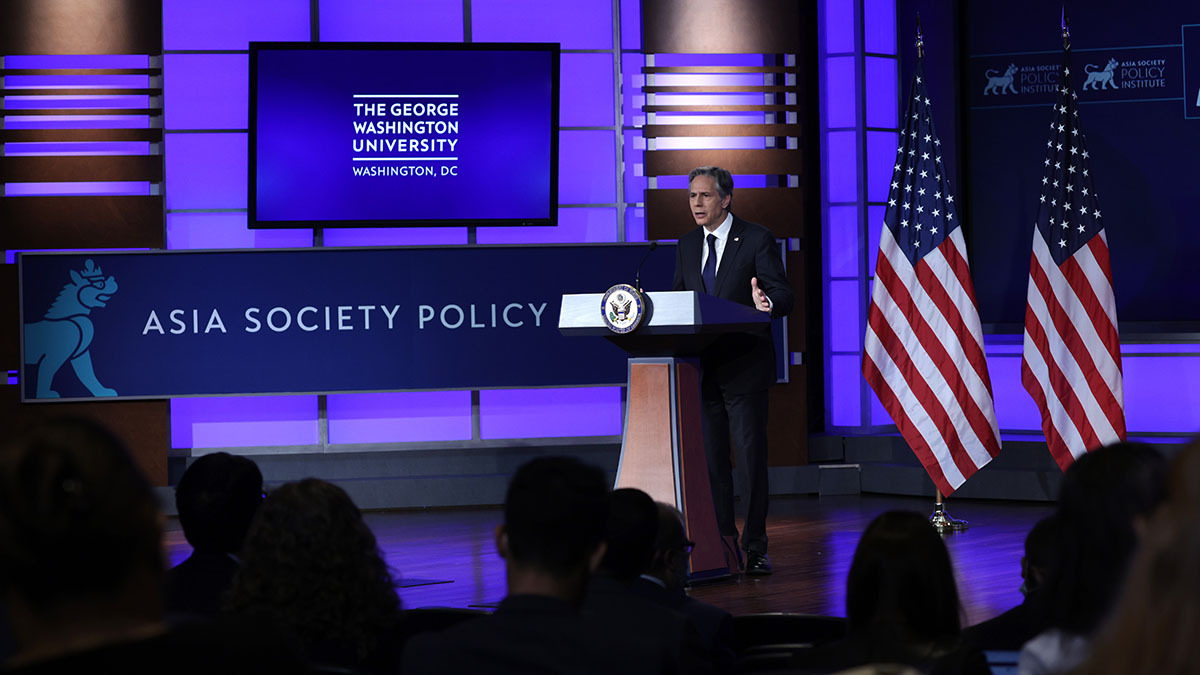 Secretary of State Antony Blinken speaks to an audience. 