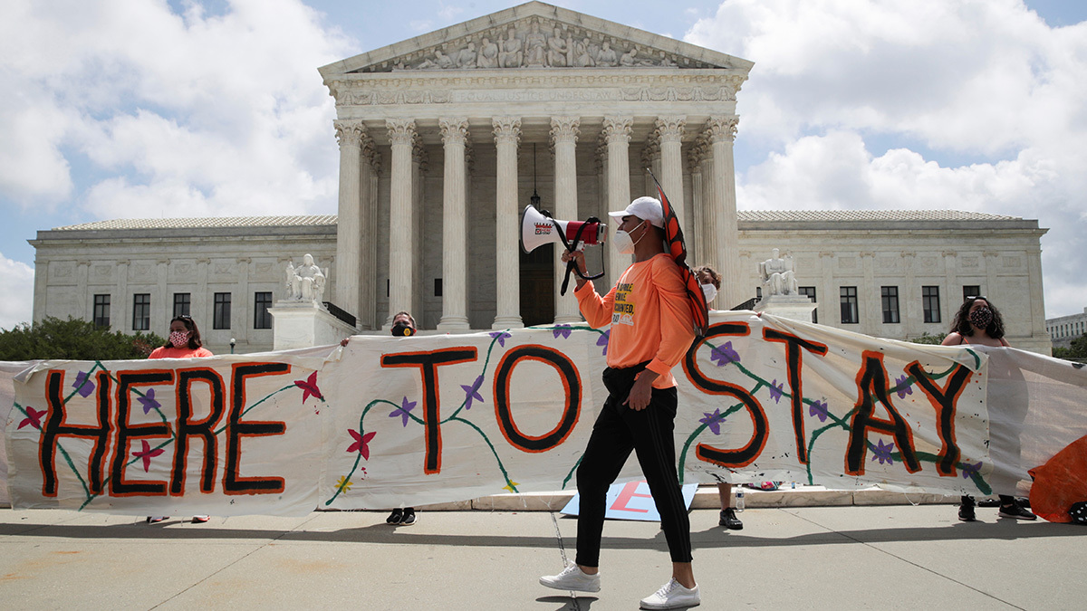 DACA recipients celebrate outside of the Supreme Court after it ruled in 2020 that the program would remain in place.