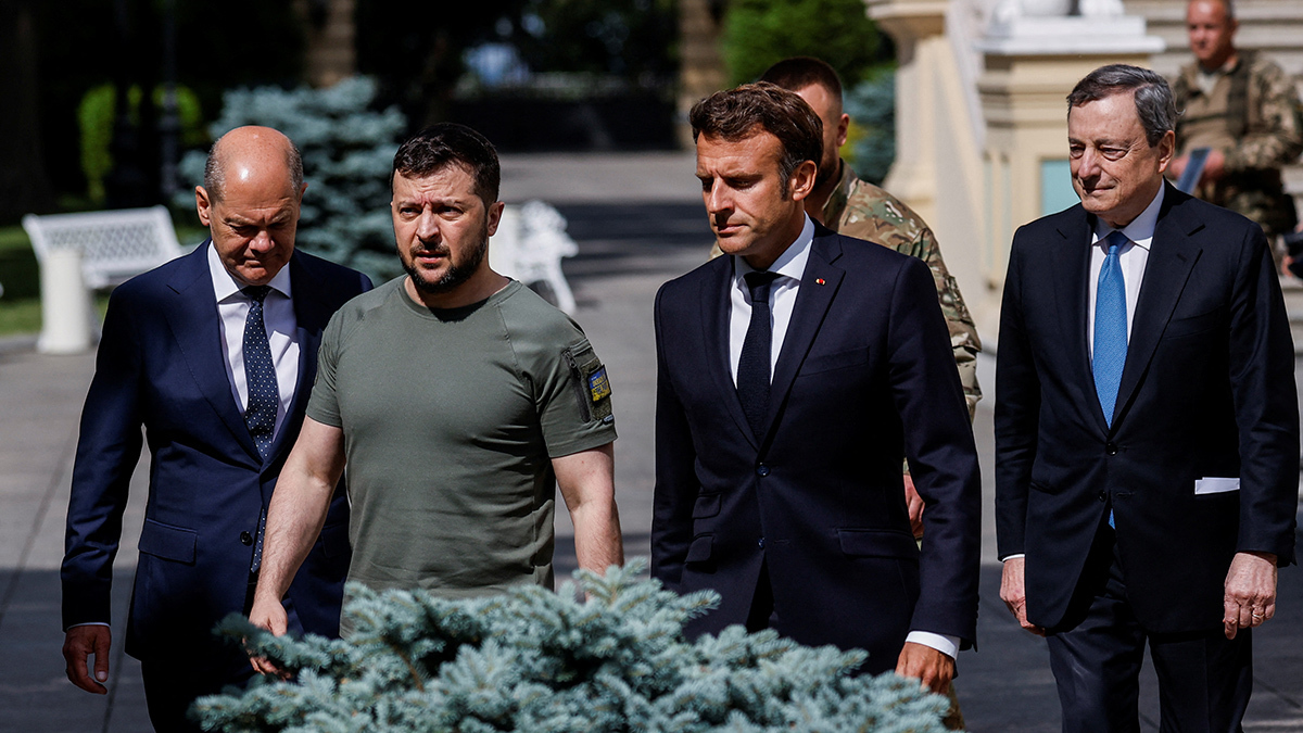 Ukrainian President Volodymyr Zelenskyy meets with, from left, German Chancellor Olaf Scholz, French President Emmanuel Macron, and Italian Prime Minister Mario Draghi in Kyiv on June 16, 2022. 