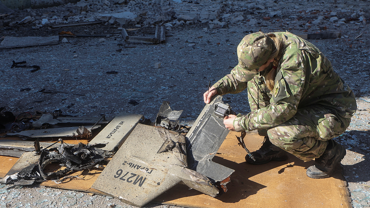 A suspected Iranian-made suicide drone, the Shahed-136, seen at a site in Kharkiv.