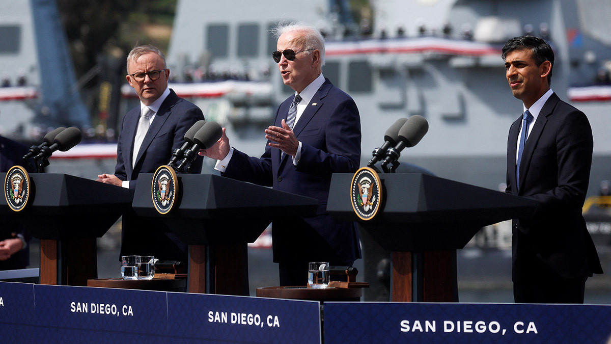 U.S. President Joe Biden, Australian Prime Minister Anthony Albanese, and British Prime Minister Rishi Sunak deliver remarks after a trilateral meeting in San Diego, CA.