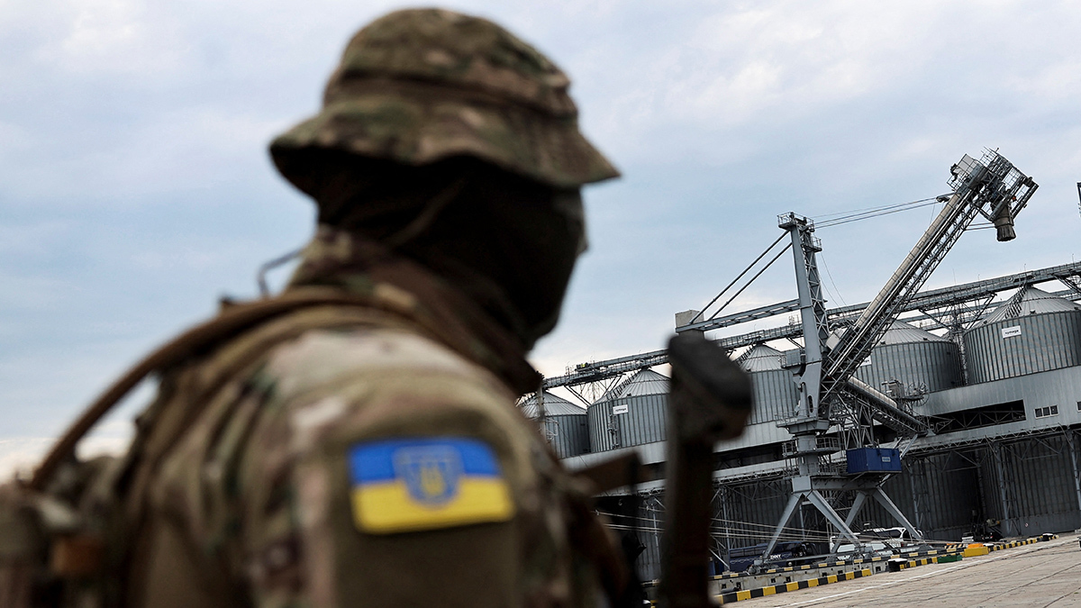 An armed Ukrainian serviceman stands in front of silos of grain