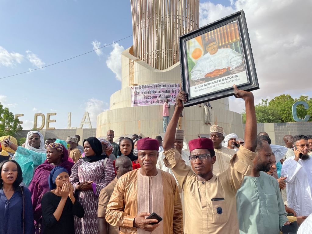 Demonstrators gather in Niamey to show support for Nigerien President Mohamed Bazoum after he was held captive on July 26, 2023. 