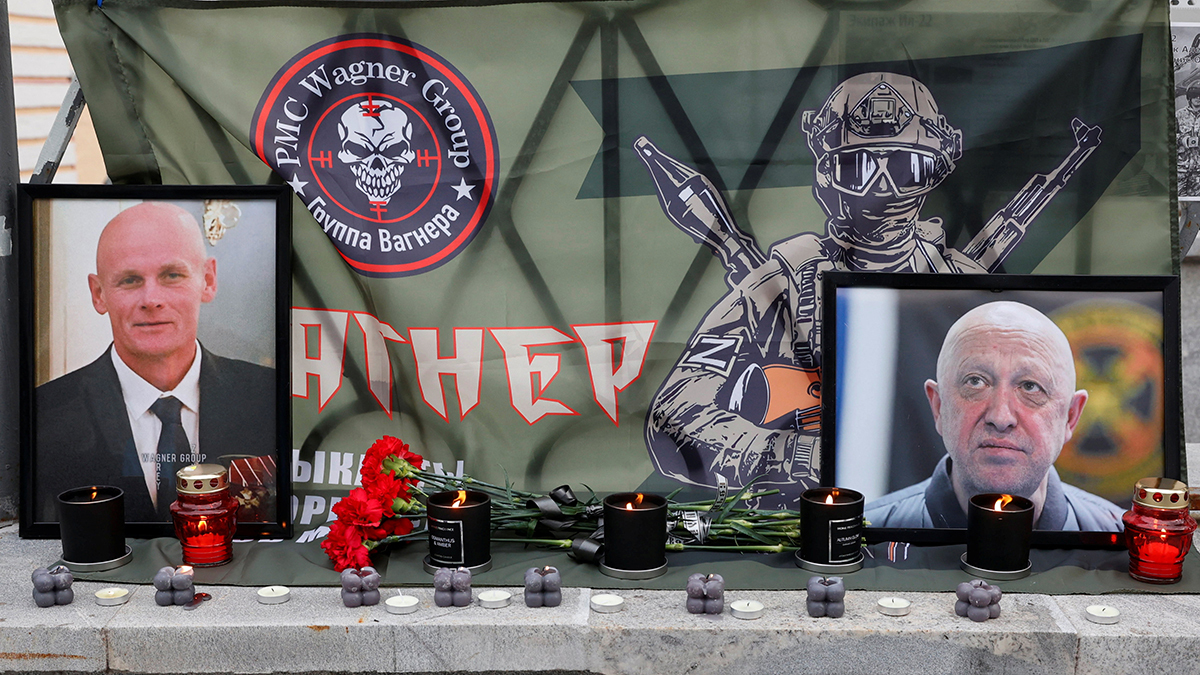 Portraits of Russian mercenary chief Yevgeny Prigozhin and Wagner group commander Dmitry Utkin at a makeshift memorial in Moscow, Russia.