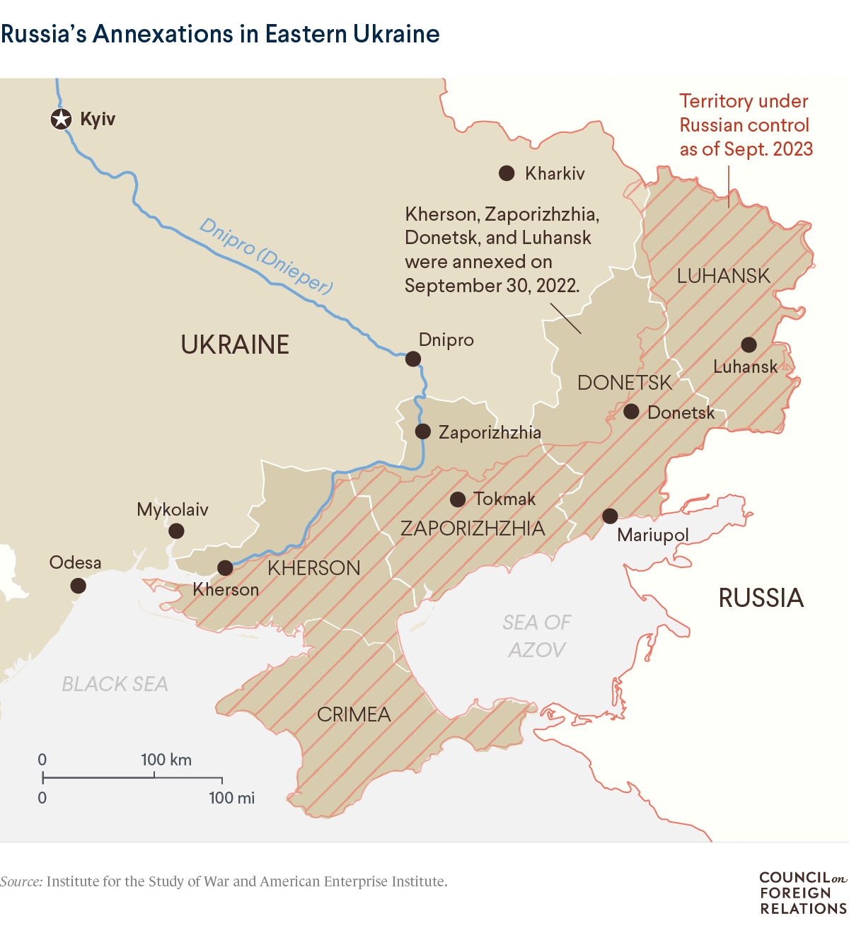 Ukrainian territory under Russian control as of Sept. 2023
