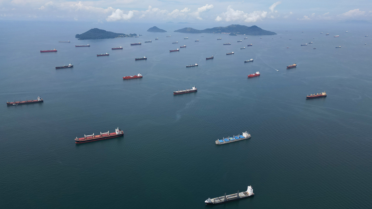 Ships in the Pacific Ocean wait to cross the Panama Canal.