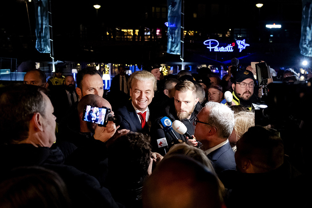 Leader of the Party for Freedom (PVV) Geert Wilders speaks to the press in aftermath of his November 2023 election victory. 