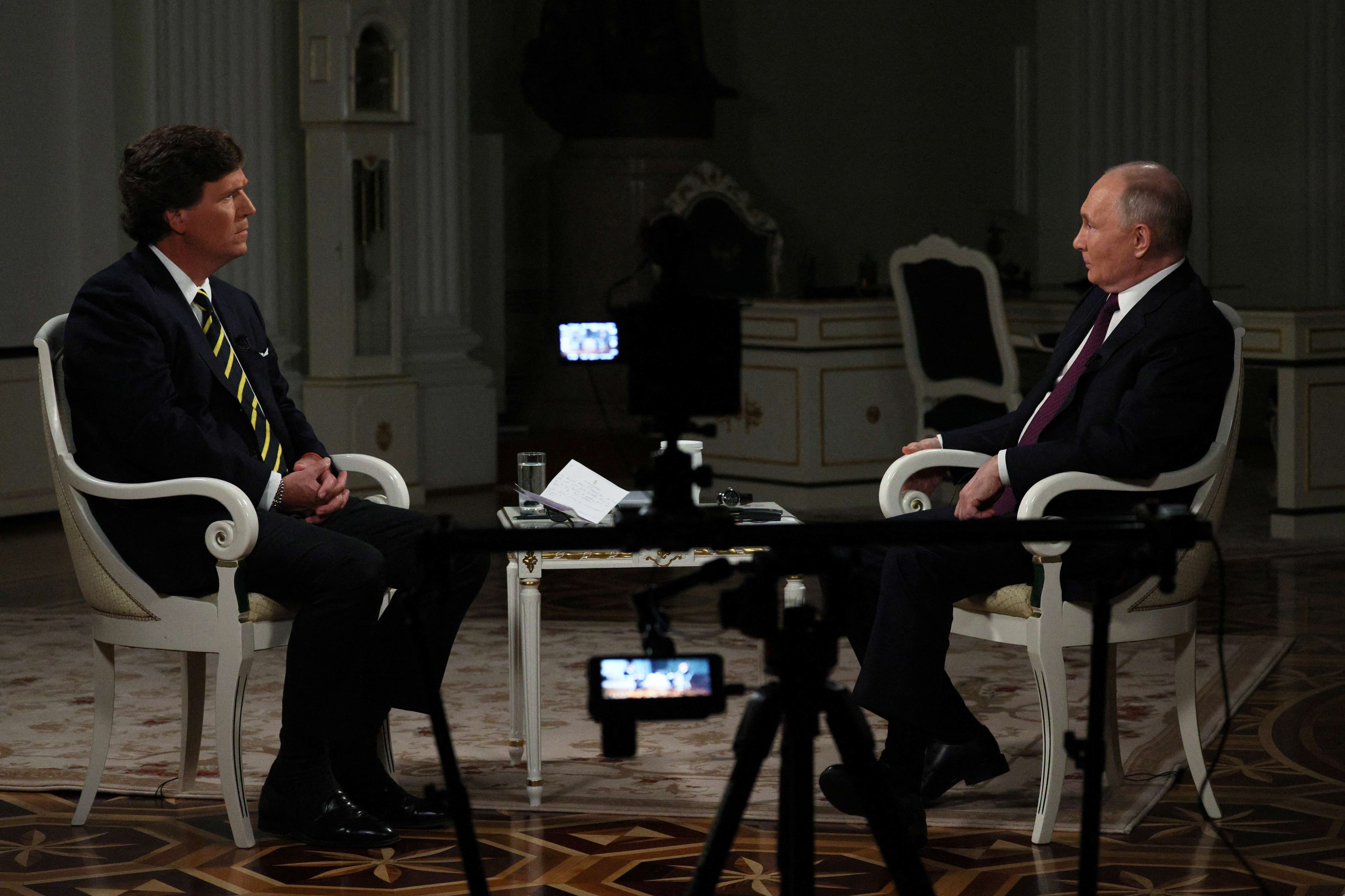 Russian President Vladimir Putin in an interview with U.S. pundit Tucker Carlson in Moscow.
