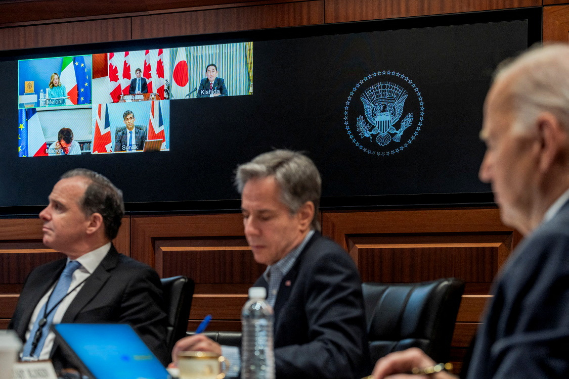 President Joe Biden and U.S. Secretary of State Antony Blinken attend a video meeting with G7 leaders to discuss the Iranian attack on Israel at the White House in Washington, D.C.
