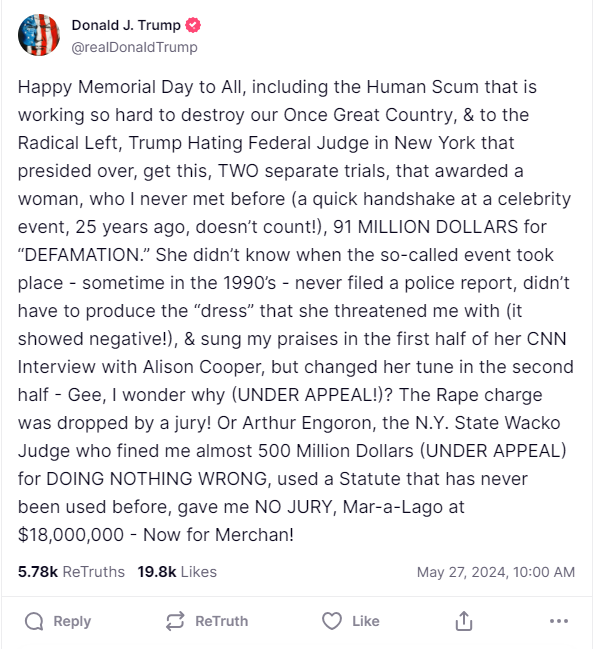 Trump Memorial Day Truth Social Post
