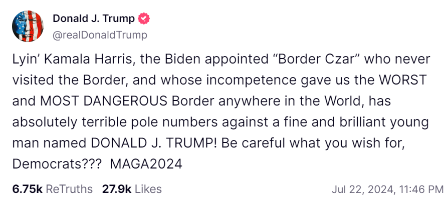 Trump Truth Social about Kamala 